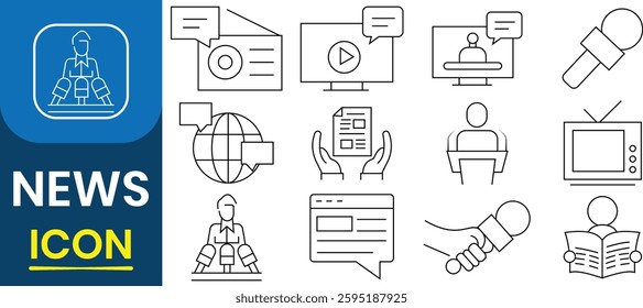 News publish media icons. News icon vector sign and symbol. Newspaper, journalist, live broadcast, camera, microphone, breaking news, live streaming, propaganda and more. Vector illustration.