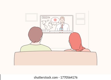 News, quarantine, coronavirus, broadcast concept. Young man and woman couple watching news on TV or reminder to stay at home. Social distancing and self isolation during covid19 pandemic and lockdown.