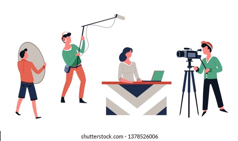 News reader and cameraman TV show shooting or filming vector woman at table with laptop sound recorder and lighting technicians operator television program broadcasting backstage video camera