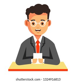 News reader man in suit TV host isolated male character in glasses and tie vector journalist reading from paper video correspondent guy sitting at table commentator television program broadcasting