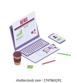 Ilustración vectorial isométrica de la lectura de noticias - periódico con artículo económico o financiero en pantalla de laptop, taza de café de papel para llevar, anteojos y teléfono móvil aislado en fondo blanco.