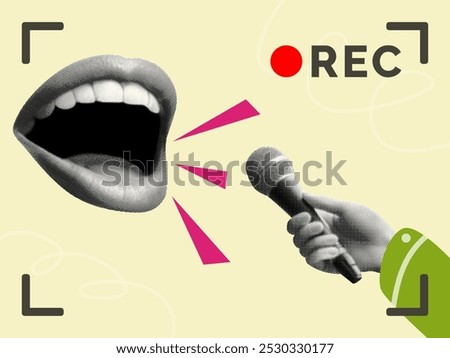 news report in live broadcast journalism concept template design with open mouth speaking hand with microphone interview halftone collage cut-out elements