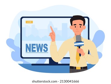 News report on TV. Man with microphone transmits information from scene. Modern technologies and communication. Mass media, reporter. Live broadcast on television. Cartoon flat vector illustration