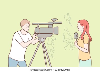 News, reportage, journalism, sport concept. Young team woman reporter journalist man operator cartoon characters broadcasting football match in stadium. Interviewing competition and recording video.