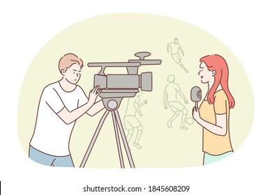 News, Reportage, Journalism, Sport, Interview, Mass Media Concept. Team Of Woman Reporter Journalist Man Operator Broadcasting Soccer Football Match In Stadium. Broadcast Competition Recording Video.