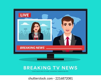 News reporter, News Anchor on TV Breaking News background. vector illustration in flat design. Angry rights protest, activists with placards, manifestation, men and women. People hold banne