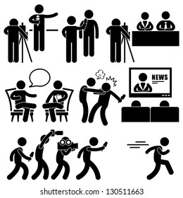 News Reporter Anchor Woman Newsroom Man Talk Show Host Stick Figure Pictogram Icon