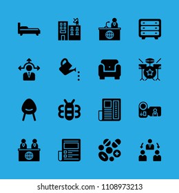 news reporter, armchair, drum set, manager, bed, camcorder, chest of drawers, chair and decision making vector icon. Simple icons set
