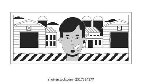 News reporter broadcasting outdoors black and white line illustration. Headset wearing man 2D linear character isolated. Correspondent reporting against farmhouse barns monochrome vector outline image