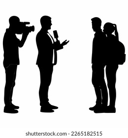 : news reporter with camera and sources, silhouette, logo, icon