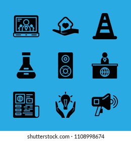 news reporter, cone, megaphone, flask, shelter, responsible energy use, speaker, newspaper and laptop vector icon. Simple icons set