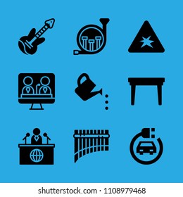 news reporter, electric guitar, french horn, panpipe, television, table, electric car, explosive and watering can vector icon. Simple icons set