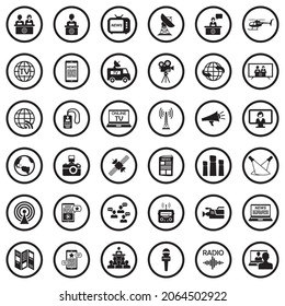 News Reporter Icons. Black Flat Design In Circle. Vector Illustration.