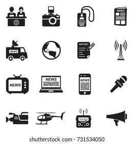 News Reporter Icons. Black Flat Design. Vector Illustration. 