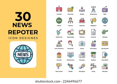 News Reporter Icons Set vector design