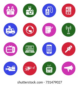 News Reporter Icons. White Flat Design In Circle. Vector Illustration. 