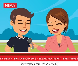 News reporter interviewing male soccer player vector illustration. Beautiful female newscaster talking with successful sport athlete