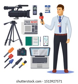 News reporter with microphone. Journalist and photographer, newspaper paparazzi items. Voice recorder and notebook, photo camera and tripod, microphone and id. Journalism and media theme