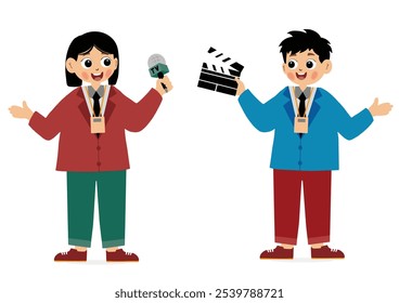 News reporter and professional cameraman illustration. news or journalist illustration. Illustration of a Girl Reporter Journalist Holding a Microphone Conducting an Interview