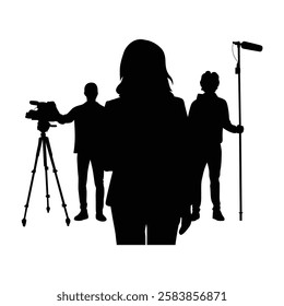 A news reporter is standing in front, and a voice recorder and cameraman are standing behind vector .