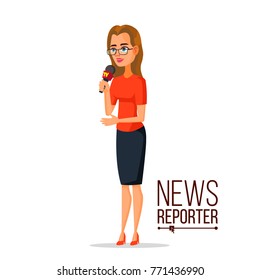 News Reporter Vector. Beautiful Smiling Female Television Reporter. Isolated On White Cartoon Character Illustration