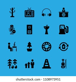 news reporter, violin, television, promotion, plant, battery, workspace, speaker and world peace vector icon. Simple icons set