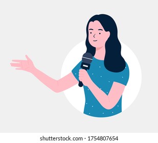 News reporter woman speaking on microphone. A woman holds a microphone in her hand. Business Woman Presentation with Hand Pointing. journalist, Singing, Show, flat vector illustration.