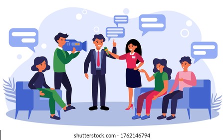 News reporters interviewing businessman or politician. Talk show, journalist, cameraman flat vector illustration. TV show, journalism concept for banner, website design or landing web page