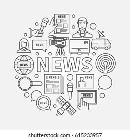 News round linear illustration - vector circular concept sign made with creative icons and word NEWS in thin line style
