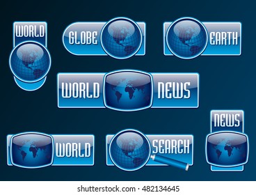 News and search vector blue glossy icon set. World globe and map symbol. Round and square sign. Rectangle web button or banner
