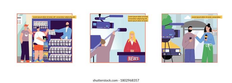 News set of flat compositions with news stall images reporter and newscaster characters with editable text vector illustration