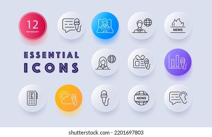 News set icon. Presenter, correspondent, breaking news, television, microphone, radio, correspondence, speech bubble. Neomorphism style. Vector line icon for Business and Advertising