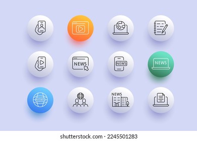 News set icon. Presenter, correspondent, breaking news, television, microphone, radio, correspondence, speech bubble. Tidings concept. Neomorphism style. Vector line icon for Business