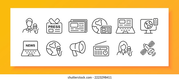 Icono de conjunto de noticias. Walkie-talkie, burbuja de habla, micrófono, presentador, planetas, fuego, laptop, escuchar, radio, pronóstico del tiempo, estadísticas, datos, rompimiento, insignia. Concepto de medios masivos. Icono de línea de vector