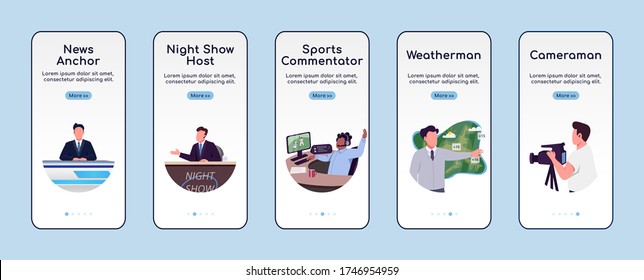 News show onboarding mobile app screen flat vector template. TV broadcasting programs walkthrough website steps with characters. UX, UI, GUI smartphone cartoon interface, case prints set