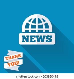 News sign icon. World globe symbol. White flat icon with long shadow. Paper ribbon label with Thank you text. Vector