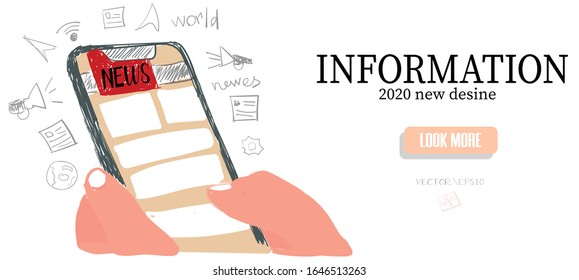 News in the smartphone. Vector website design 2020. New style. Trend image. Information site. New incidents. News online