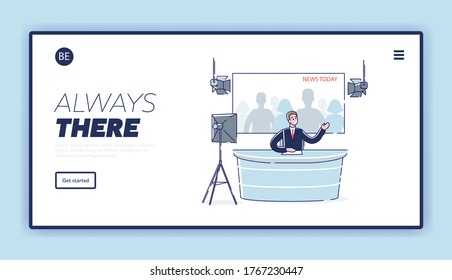 News studio broadcast landing page with male newscaster, show presenter reporting. News program anchorman, media and journalism concept. Template linear vector illustration