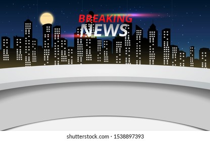 news studio with city in the night background