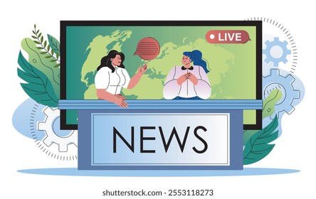 News studio concept. Men and woman in studio. Newcaster and anchor. Television show with breaking news. Content for TV. Flat vector illustration isolated on white background