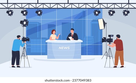 Estudio de noticias con periodistas y operadores. Noticias de televisión, periodistas, presentadores de programas de noticias. Recopilación de noticias informativas en diversas situaciones. Ilustración del vector