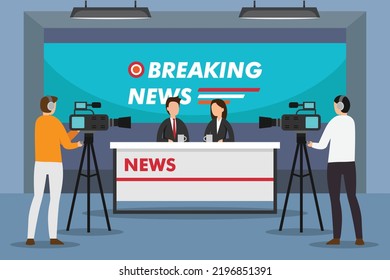 News studio with professional newscasters and shooting team at work 2d vector illustration concept for banner, website, illustration, landing page, flyer, etc.