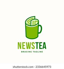 News Tea Abstract Vector Sign Emblem Logo Template. Newspaper roll incorporated into cup Concept with Modern Typography. Isolated