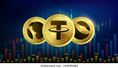 News Tether (USDT) Terra (LUNA) TerraUSD (UST) coin collapse in market Cryptocurrency blockchain Future digital currency technology Golden virtual growth share chart background. 3D Vector illustration