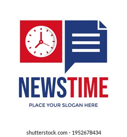 Plantilla de logotipo del vector de tiempo de noticias. Este diseño usa el símbolo de reloj y de chat de papel. Adecuado para información, negocios