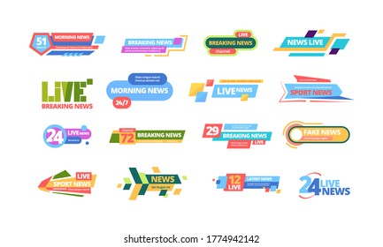 News title banner large set. Headline television poster media online information color bar daily broadcast morning news breaking life sports latest streaming digital during day. Information vector.