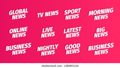 News title headline word set. Global tv sport morning online latest. On pink background. 3d letters. Advertising promotion headline title. Vector color Illustration.