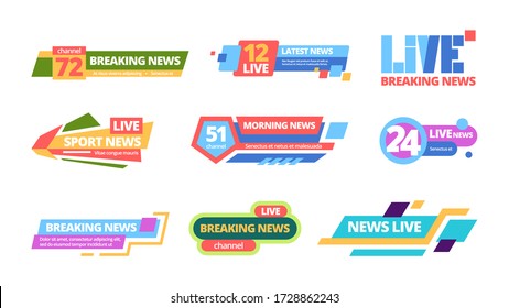 News title set. Web headline television online media information color bar, daily broadcast of news channel titles. breaking life, sports latest streaming digital during day. Vector flat banners.