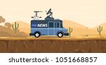 news tv car van on the desert with sand and cactus mountain vector graphic illustration
