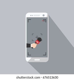news TV cell phone and live in mobile phone with camera frame. rec & record cartoon. hand & mic vector. Journalism on isolated focus concept & creative Microphone & one journalist flat design 